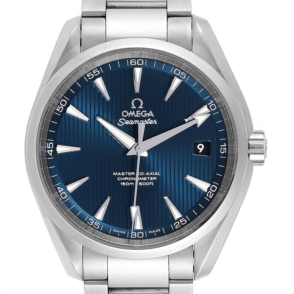 The image shows a front view of the Omega Aqua Terra 231.10.42.21.03.003 Men
s Stainless Steel Blue Dial 231.10.42.21.03.003 Men
s Stainless Steel Blue Dial model, displaying its blue dial, stainless steel case, and bracelet.