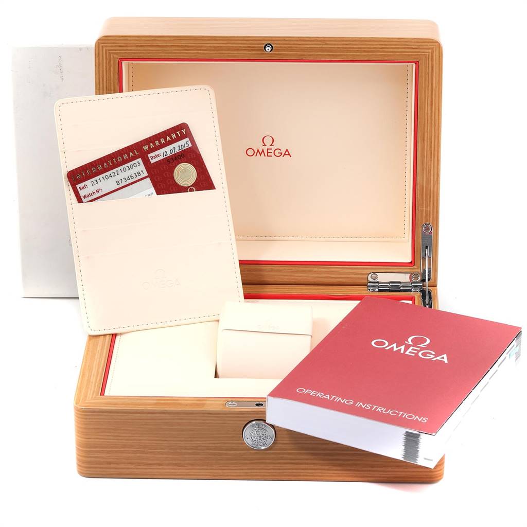 This image shows the Omega Aqua Terra 231.10.42.21.03.003 Men
s Stainless Steel Blue Dial 231.10.42.21.03.003 Men
s Stainless Steel Blue Dial watch box, warranty card, and operating instructions from a front angle.