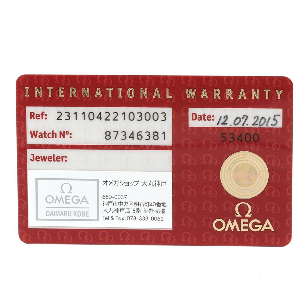 This is an Omega Aqua Terra 231.10.42.21.03.003 Men
s Stainless Steel Blue Dial 231.10.42.21.03.003 Men
s Stainless Steel Blue Dial watch
s international warranty card.