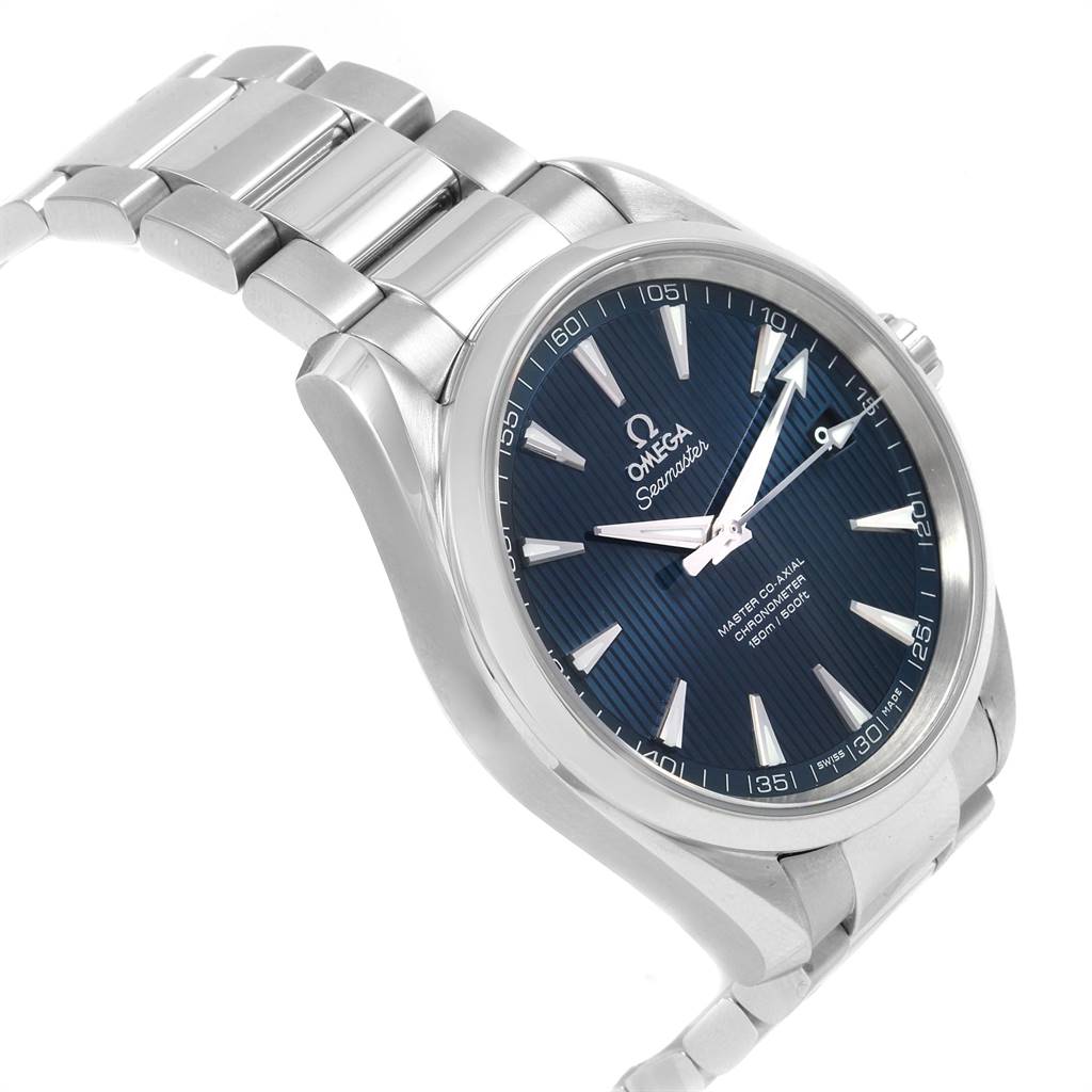 The image shows an angled view of an Omega Aqua Terra 231.10.42.21.03.003 Men
s Stainless Steel Blue Dial 231.10.42.21.03.003 Men
s Stainless Steel Blue Dial watch, highlighting the face, bezel, and metal bracelet.