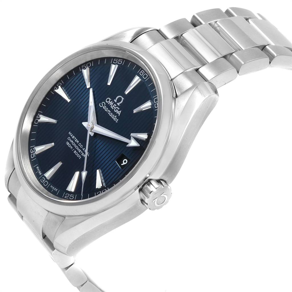 The Omega Aqua Terra 231.10.42.21.03.003 Men
s Stainless Steel Blue Dial 231.10.42.21.03.003 Men
s Stainless Steel Blue Dial watch is shown at a slight angle, displaying the face, crown, and part of the metal bracelet.