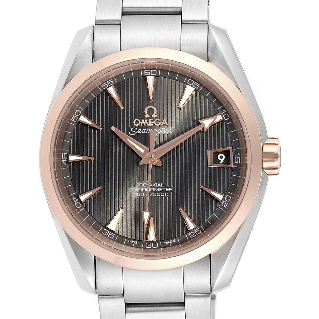 The image shows a frontal view of an Omega Aqua Terra 231.20.39.21.06.003 Men's Stainless Steel Brown Dial 231.20.39.21.06.003 Men's Stainless Steel Brown Dial watch, highlighting its stainless steel bracelet, black dial, and rose gold accents.