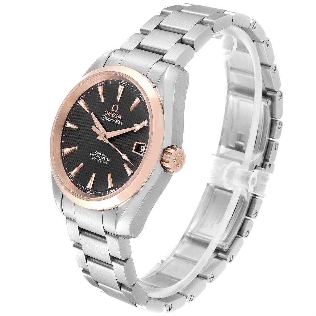 This image shows a three-quarter view of the Omega Aqua Terra 231.20.39.21.06.003 Men's Stainless Steel Brown Dial 231.20.39.21.06.003 Men's Stainless Steel Brown Dial watch, highlighting the face, bezel, crown, and bracelet.