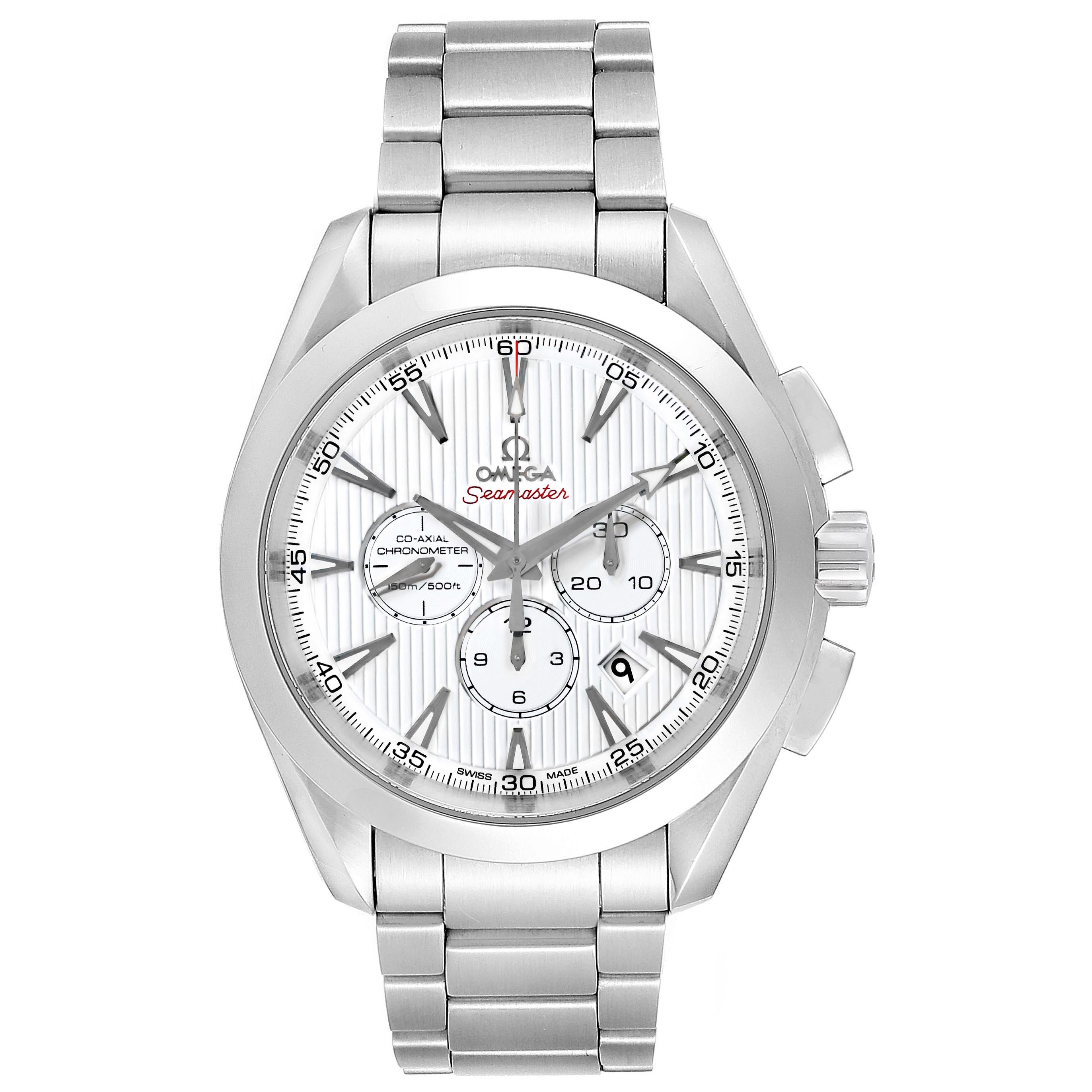 The image shows a front view of the Omega Aqua Terra 231.10.44.50.04.001 Men's Stainless Steel White Dial 231.10.44.50.04.001 Men's Stainless Steel White Dial Seamaster watch, highlighting its dial, bezel, and metal bracelet.