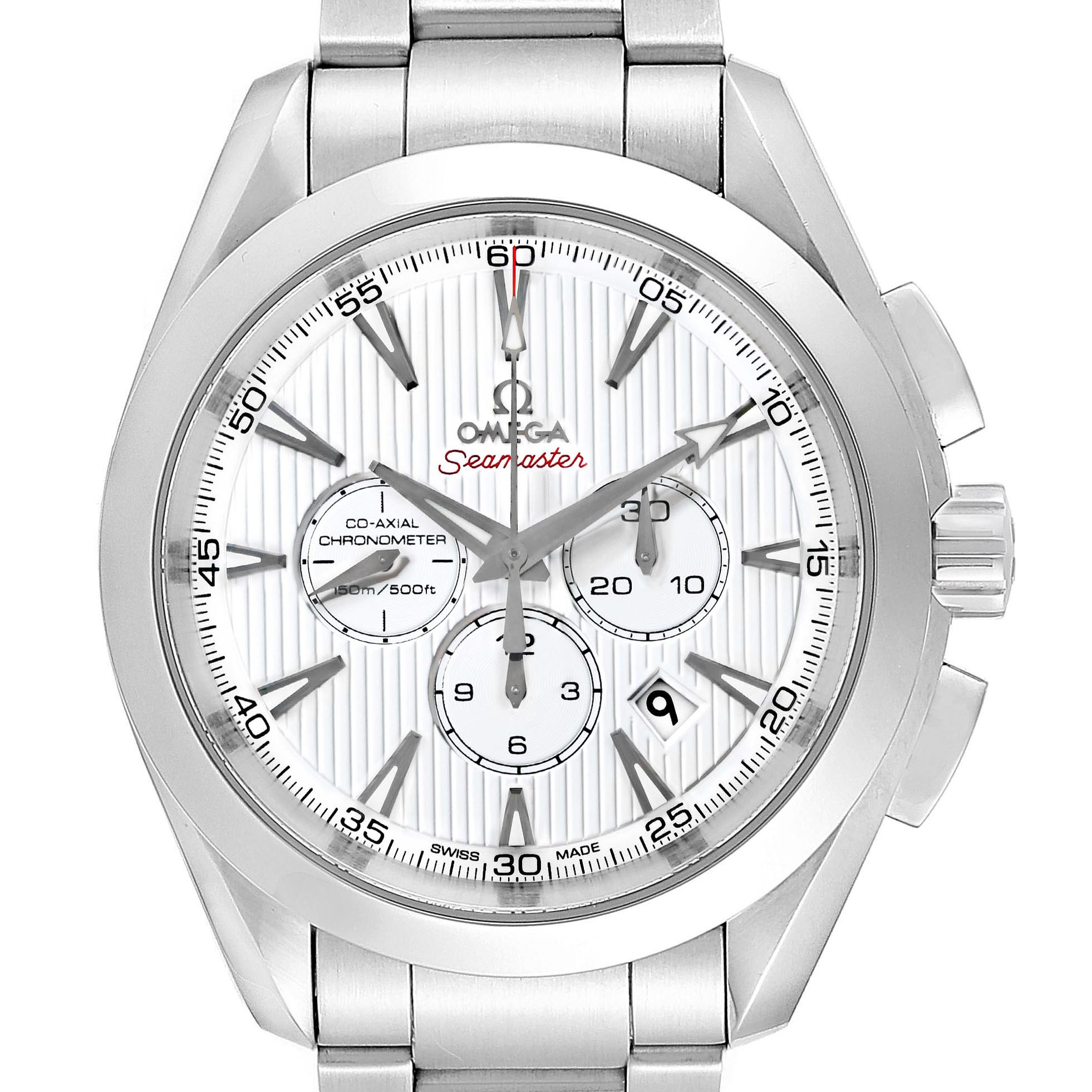 The image shows a frontal view of the Omega Aqua Terra 231.10.44.50.04.001 Men's Stainless Steel White Dial 231.10.44.50.04.001 Men's Stainless Steel White Dial Seamaster watch, highlighting its face, bezel, and bracelet.