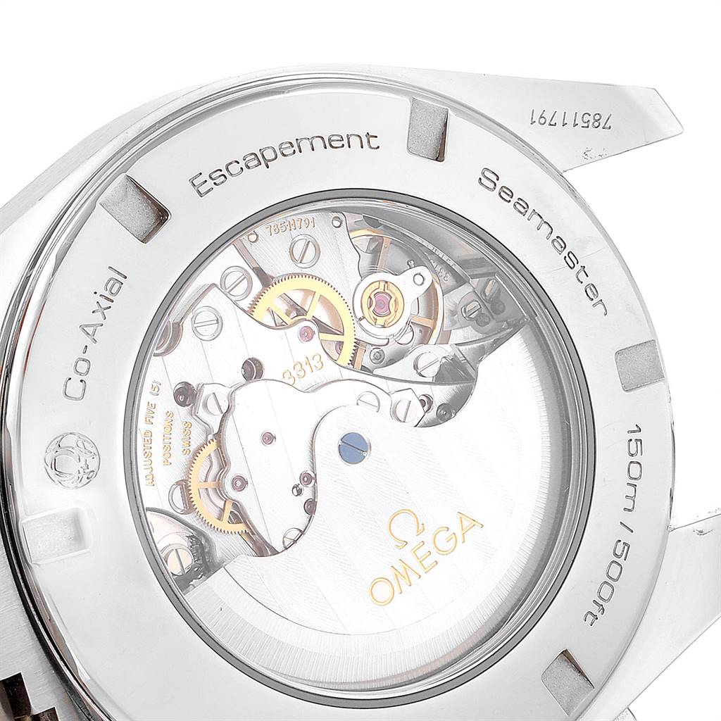 The image shows the back side of the Omega Aqua Terra 231.10.44.50.04.001 Men's Stainless Steel White Dial 231.10.44.50.04.001 Men's Stainless Steel White Dial watch, highlighting its internal mechanical components.