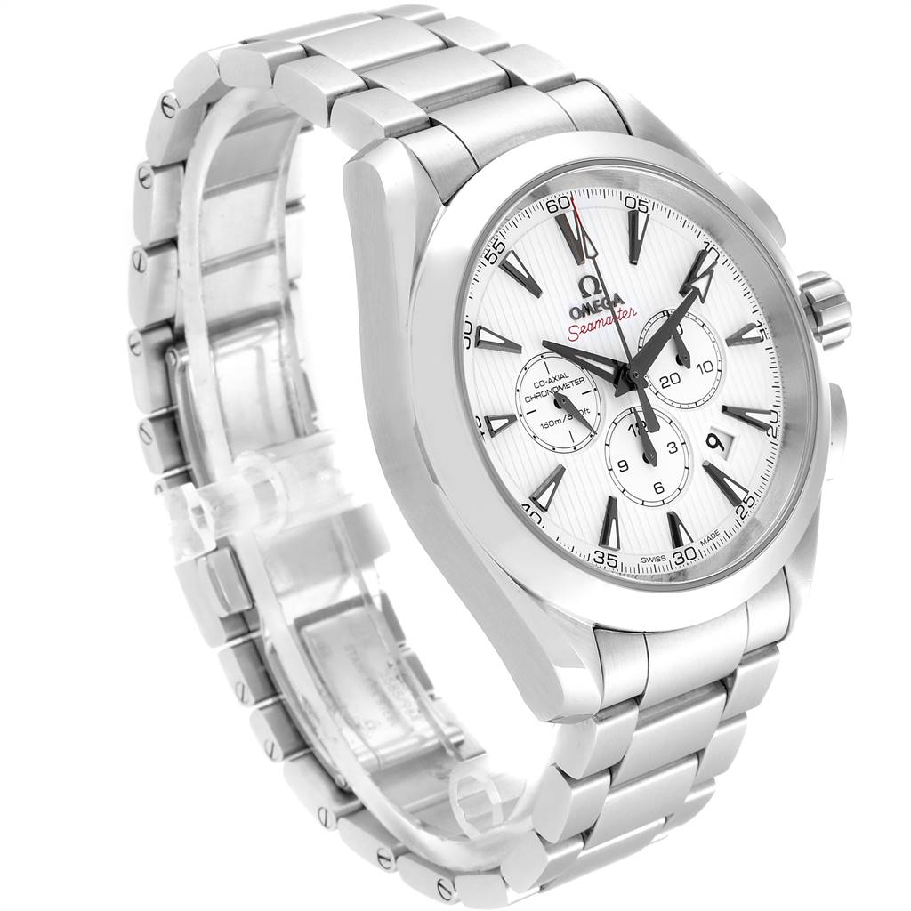 This image shows a side and top angle of the Omega Aqua Terra 231.10.44.50.04.001 Men's Stainless Steel White Dial 231.10.44.50.04.001 Men's Stainless Steel White Dial watch, highlighting the face, bezel, and metal bracelet.