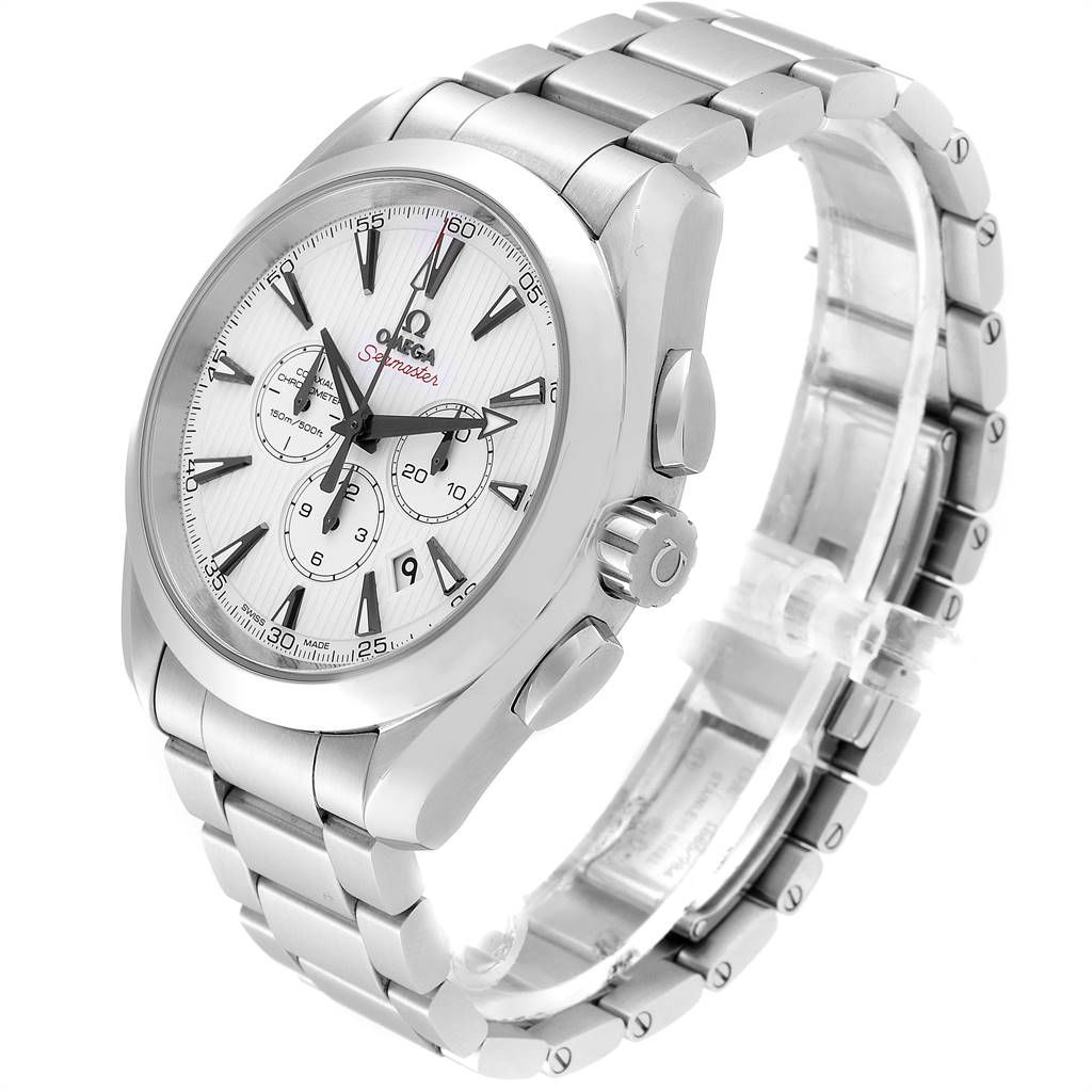 The Omega Aqua Terra 231.10.44.50.04.001 Men's Stainless Steel White Dial 231.10.44.50.04.001 Men's Stainless Steel White Dial watch is shown at an oblique angle, displaying its face, crown, and stainless steel bracelet.