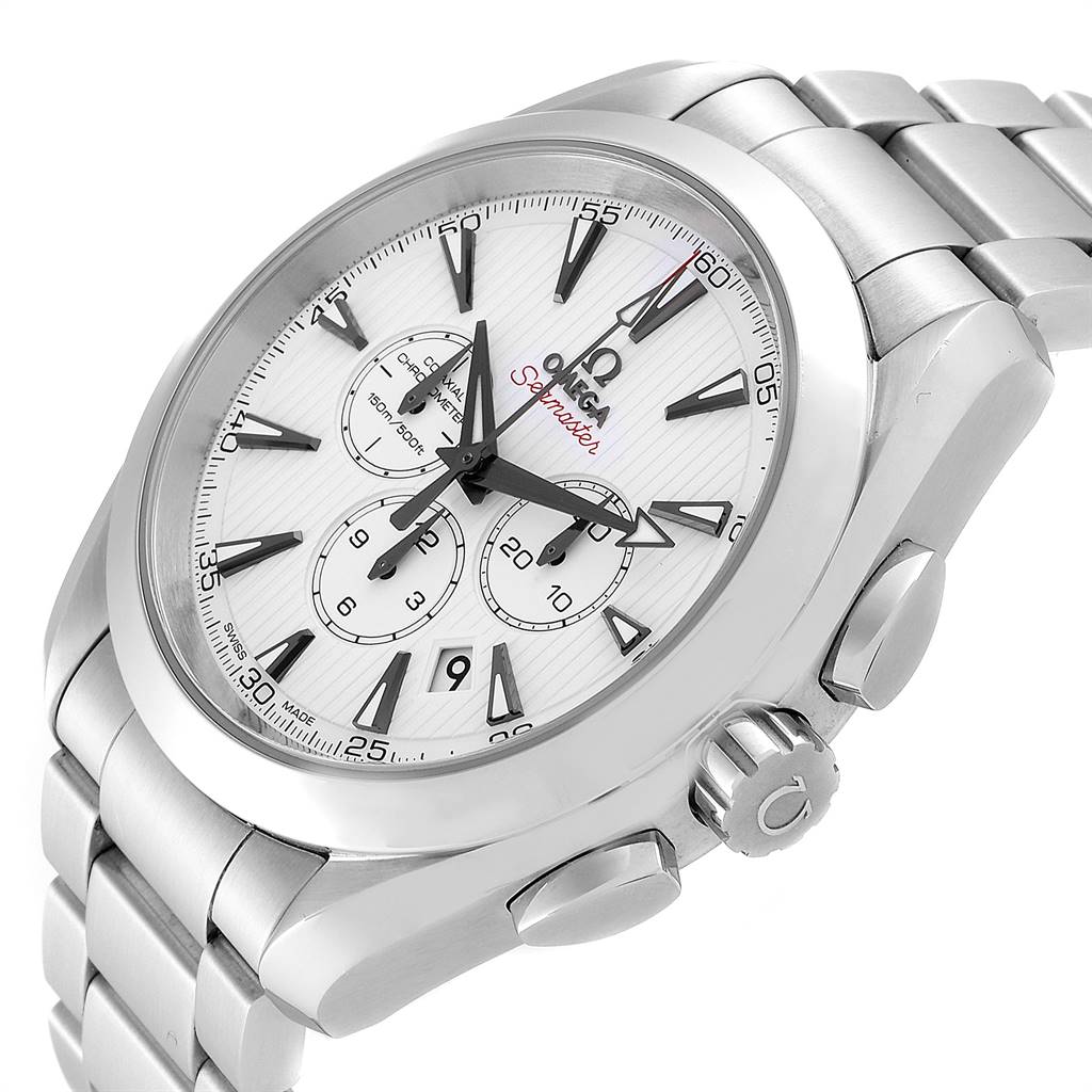 The Omega Aqua Terra 231.10.44.50.04.001 Men's Stainless Steel White Dial 231.10.44.50.04.001 Men's Stainless Steel White Dial watch is shown at a three-quarter angle, highlighting the face, crown, and chronograph buttons.