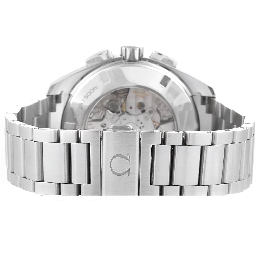 The image shows the back view of the Omega Aqua Terra 231.10.44.50.04.001 Men's Stainless Steel White Dial 231.10.44.50.04.001 Men's Stainless Steel White Dial watch, highlighting its bracelet and transparent case back.