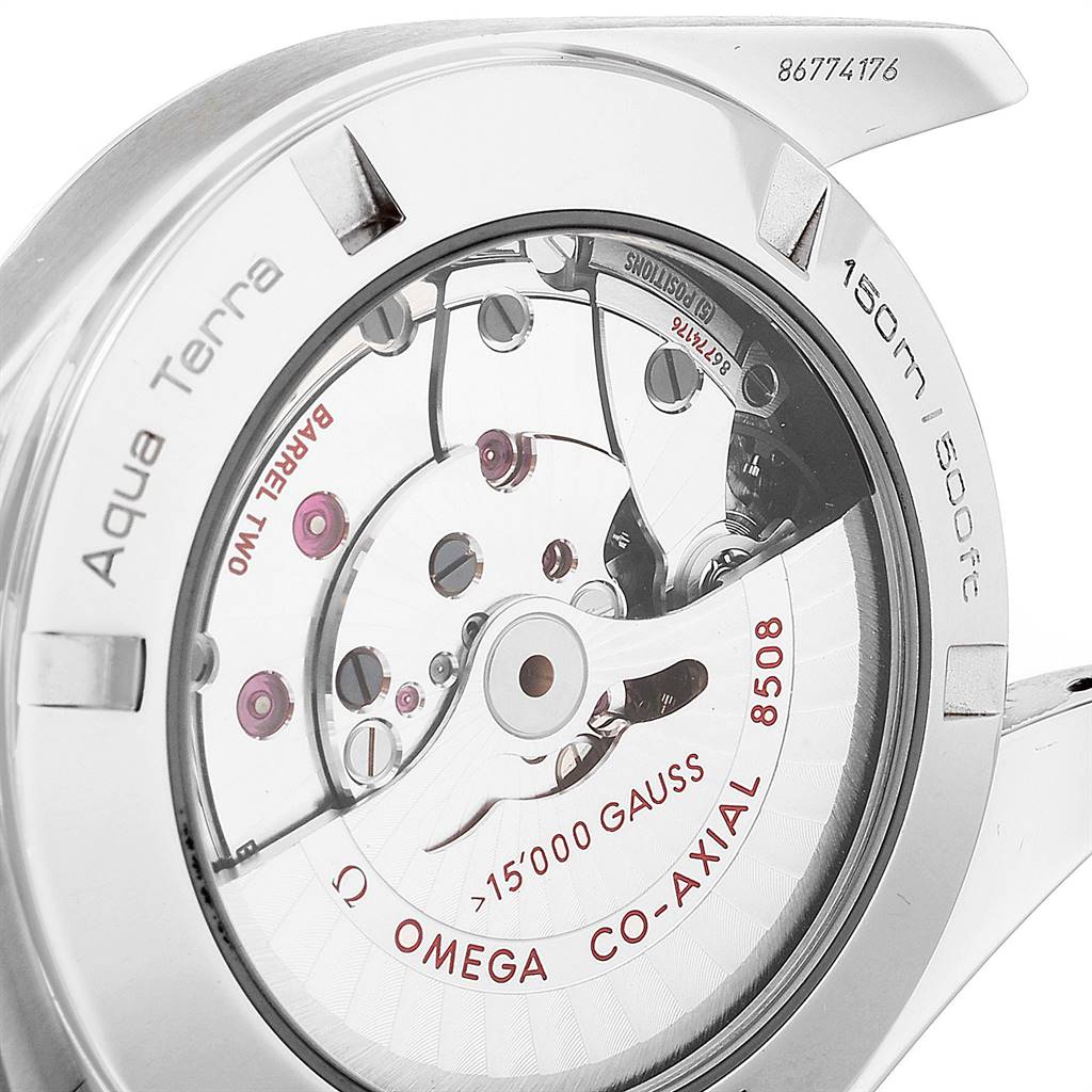 The image shows the back of the Aqua Terra Omega watch, highlighting its internal mechanism and inscriptions.