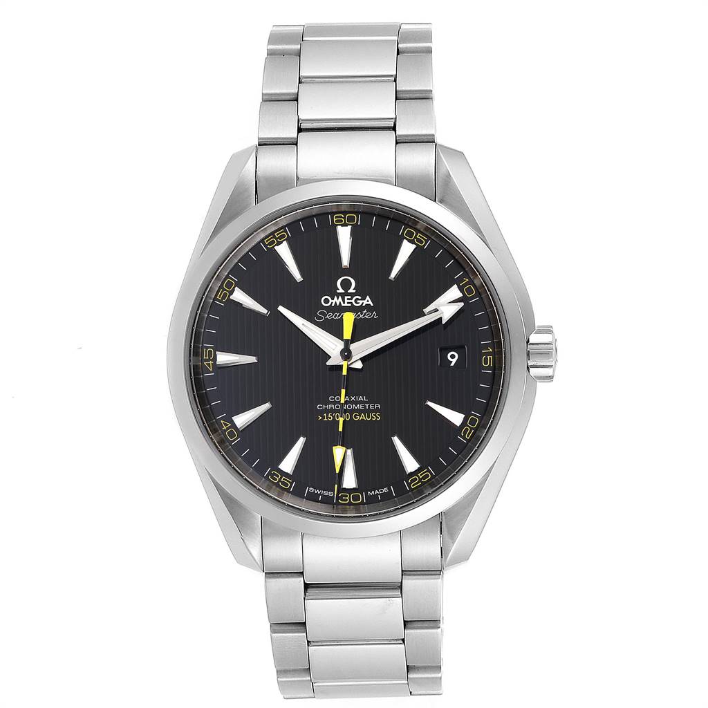The image shows a front view of the Omega Aqua Terra 231.10.42.21.01.002 Men
s Stainless Steel Black Dial 231.10.42.21.01.002 Men
s Stainless Steel Black Dial watch, displaying its dial, bezel, crown, and metal bracelet.
