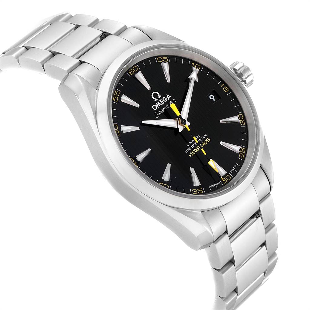 The image shows a side view of an Omega Aqua Terra 231.10.42.21.01.002 Men
s Stainless Steel Black Dial 231.10.42.21.01.002 Men
s Stainless Steel Black Dial watch with a stainless steel bracelet and black dial.