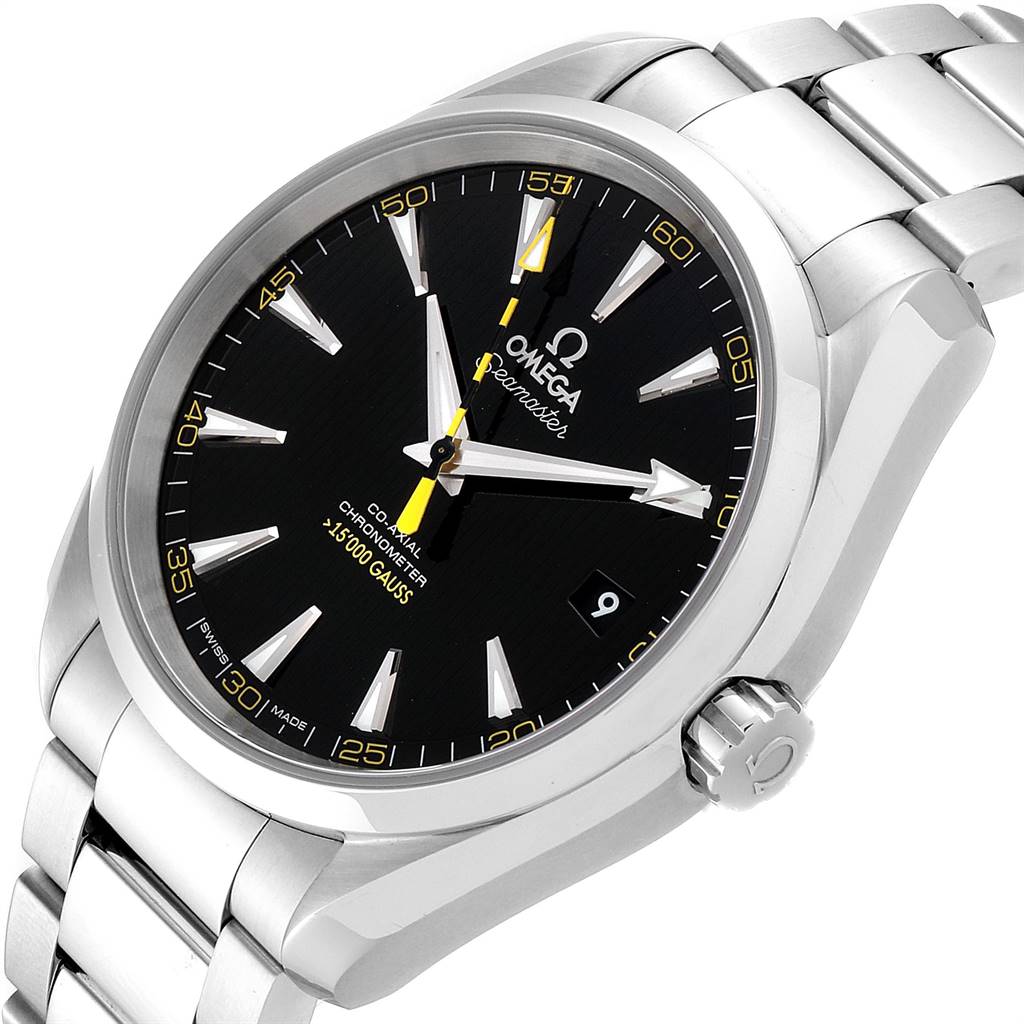 The image shows an Omega Aqua Terra 231.10.42.21.01.002 Men
s Stainless Steel Black Dial 231.10.42.21.01.002 Men
s Stainless Steel Black Dial watch from an oblique angle, highlighting the dial, bezel, crown, and part of the bracelet.