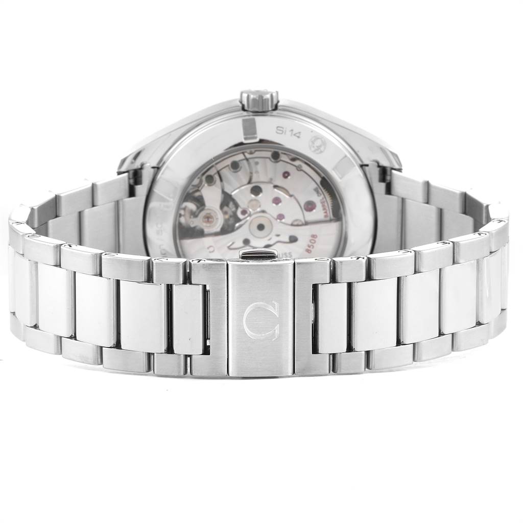 The image shows the back of the Aqua Terra model by Omega, highlighting its bracelet and exposed movement.