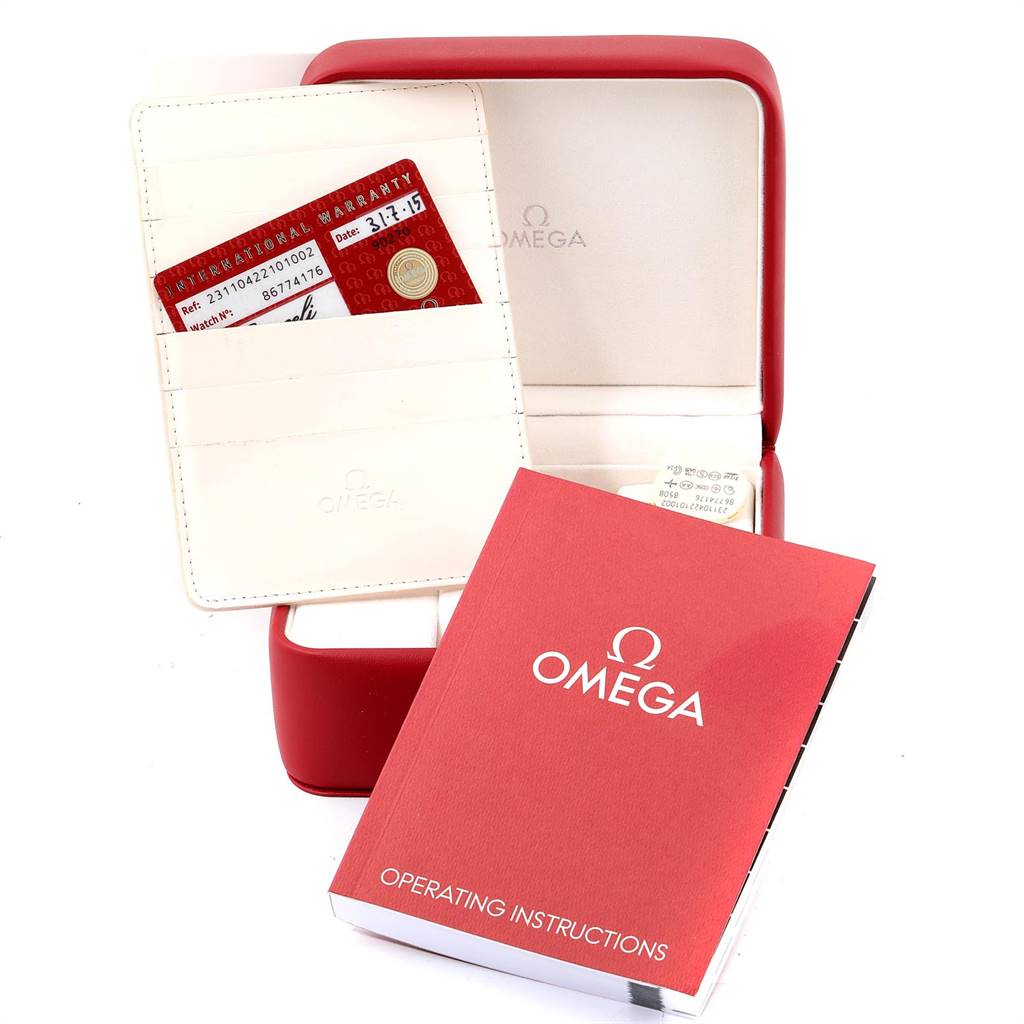 The image shows the Omega Aqua Terra 231.10.42.21.01.002 Men
s Stainless Steel Black Dial 231.10.42.21.01.002 Men
s Stainless Steel Black Dial watch accessories, including a warranty card, instruction manual, and the watch box.