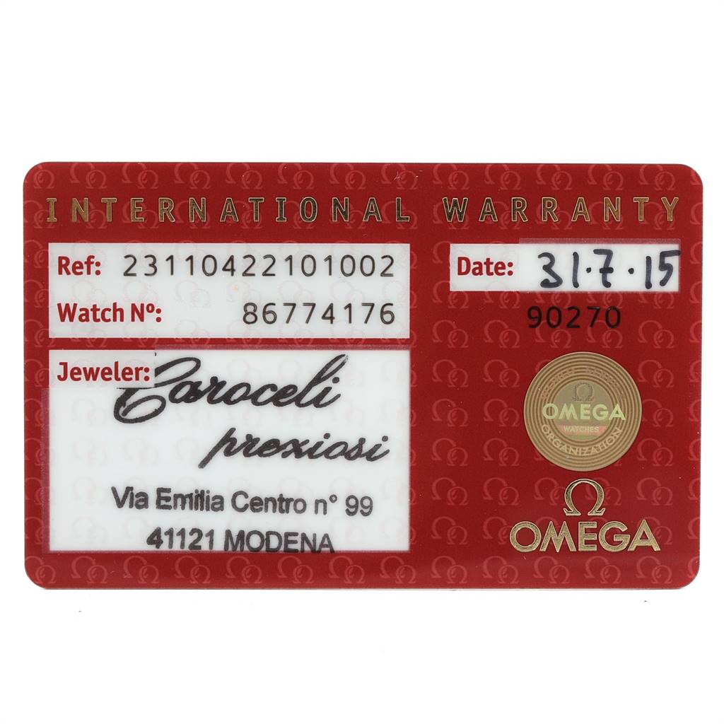 The image shows the international warranty card for the Omega Aqua Terra 231.10.42.21.01.002 Men
s Stainless Steel Black Dial 231.10.42.21.01.002 Men
s Stainless Steel Black Dial watch, displaying reference number, serial number, jeweler, and date.