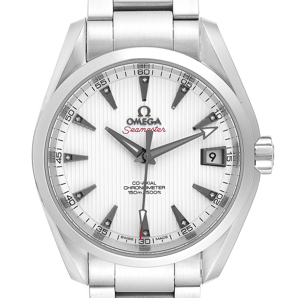 The image shows a frontal view of an Omega Seamaster Aqua Terra watch, highlighting its face, dial, and bracelet.