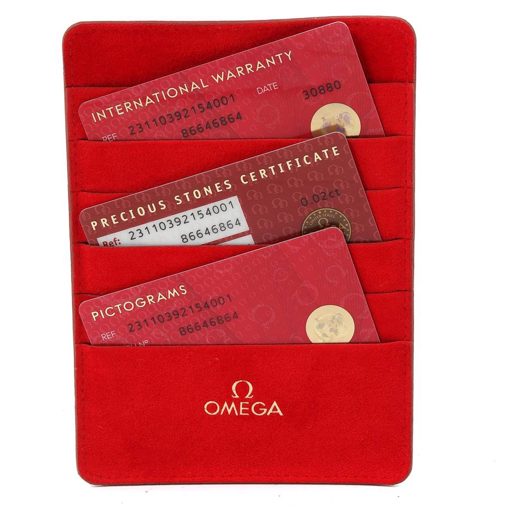 This image shows the warranty cards and certifications for the Omega Aqua Terra 231.10.39.21.54.001 Men's Stainless Steel White Dial 231.10.39.21.54.001 Men's Stainless Steel White Dial watch, placed in a red Omega cardholder.