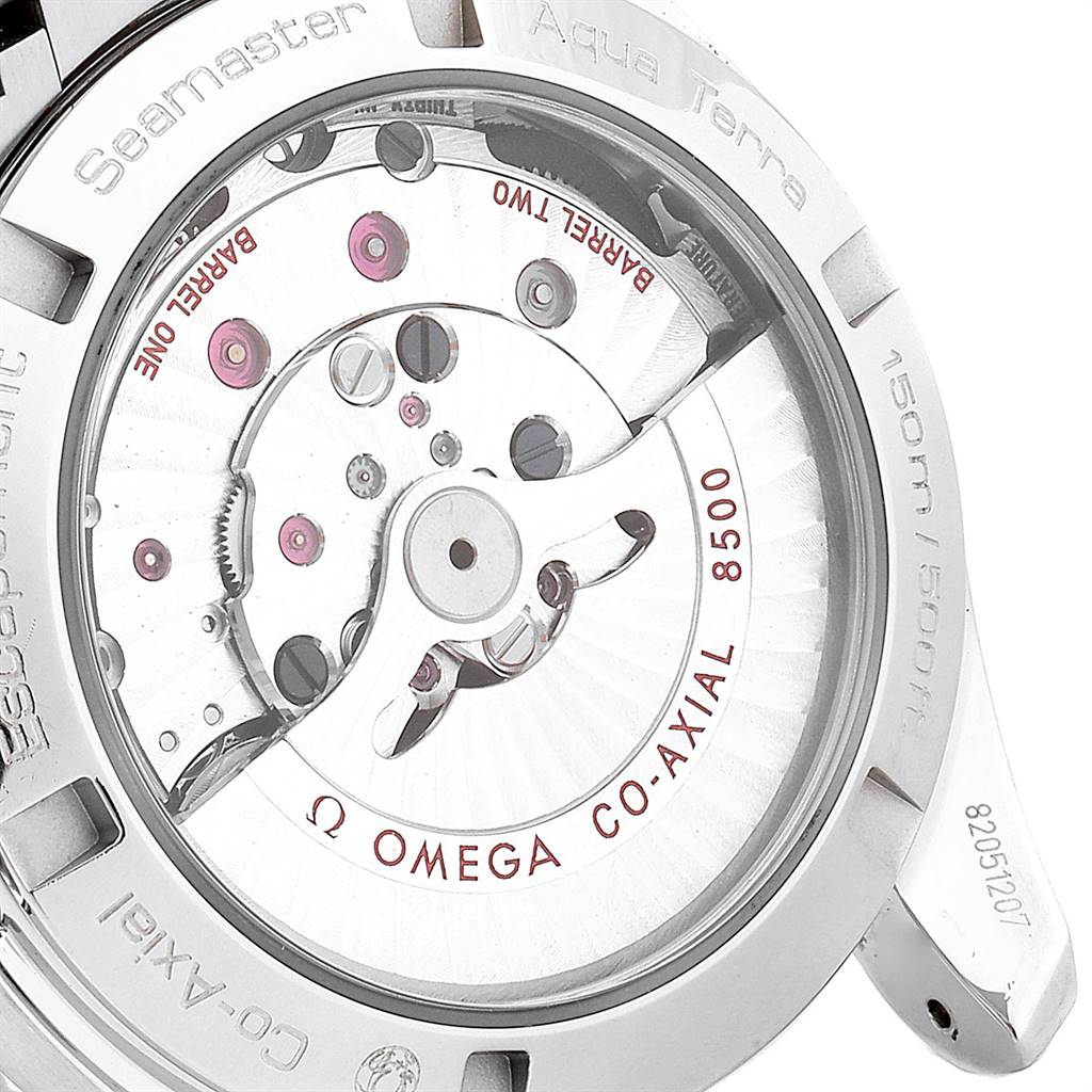 The image displays the back case of the Omega Aqua Terra 231.10.39.21.06.001 Men's Stainless Steel Grey Dial 231.10.39.21.06.001 Men's Stainless Steel Grey Dial watch, revealing its internal mechanical movement.