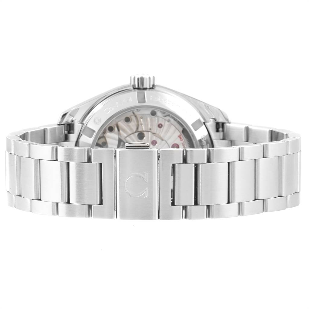 This image shows the back view of the Omega Aqua Terra 231.10.39.21.06.001 Men's Stainless Steel Grey Dial 231.10.39.21.06.001 Men's Stainless Steel Grey Dial watch, highlighting its bracelet and clasp.