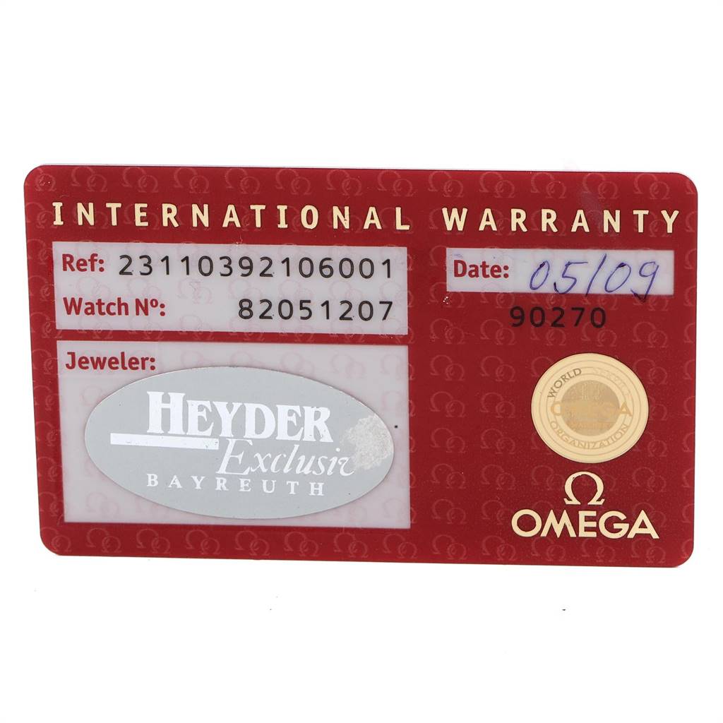 This image shows an international warranty card for the Omega Aqua Terra 231.10.39.21.06.001 Men's Stainless Steel Grey Dial 231.10.39.21.06.001 Men's Stainless Steel Grey Dial model watch.