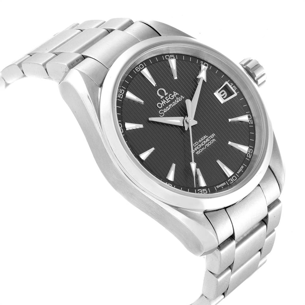 This image shows the face, crown, and part of the bracelet of the Omega Aqua Terra 231.10.39.21.06.001 Men's Stainless Steel Grey Dial 231.10.39.21.06.001 Men's Stainless Steel Grey Dial Seamaster watch from a front-side angle.