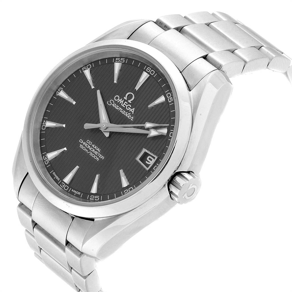 The image shows the Omega Aqua Terra 231.10.39.21.06.001 Men's Stainless Steel Grey Dial 231.10.39.21.06.001 Men's Stainless Steel Grey Dial watch from a side-front angle, highlighting the dial, bezel, crown, and bracelet.