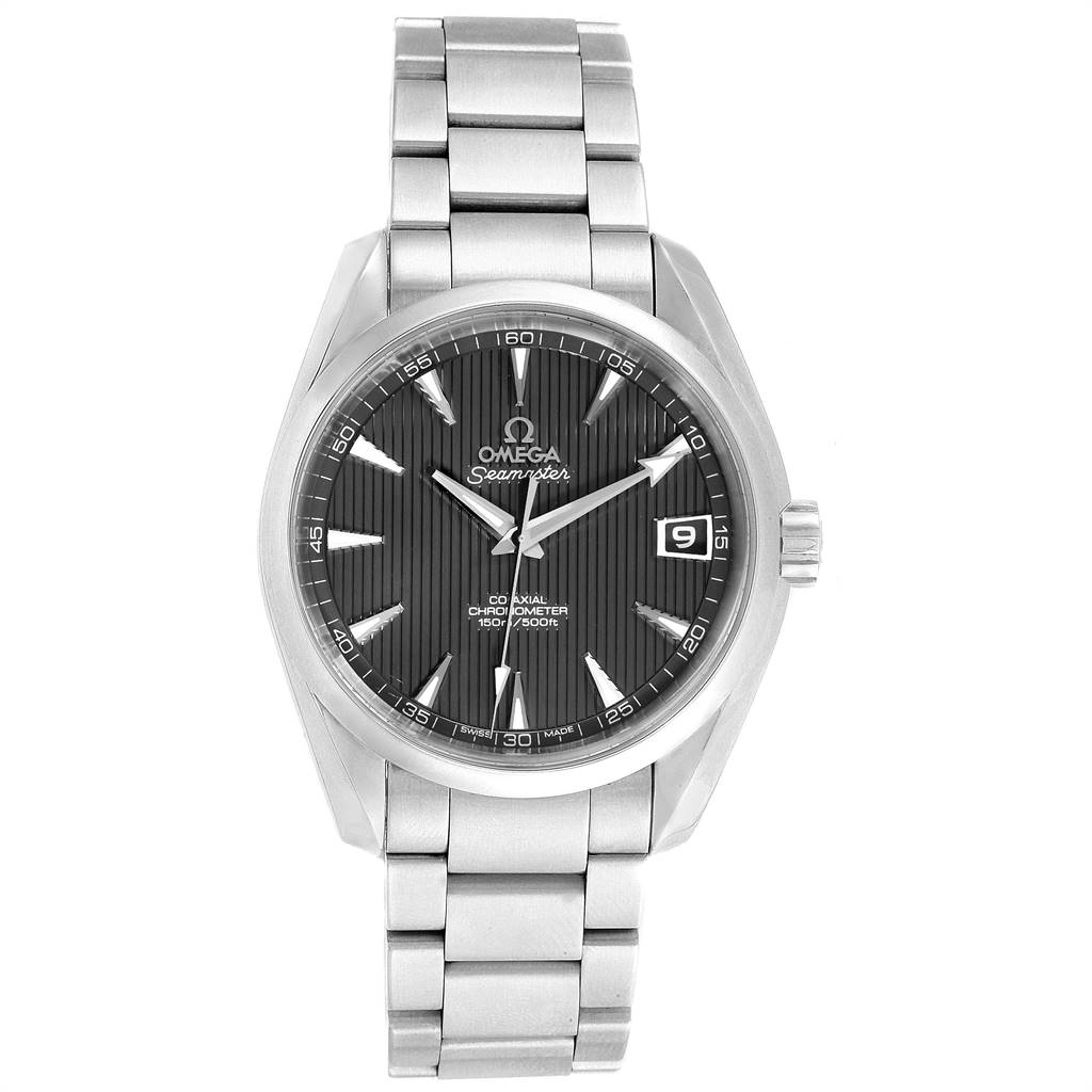 The image shows a front view of the Omega Aqua Terra 231.10.39.21.06.001 Men's Stainless Steel Grey Dial 231.10.39.21.06.001 Men's Stainless Steel Grey Dial watch, displaying the dial, hands, date window, and bracelet.