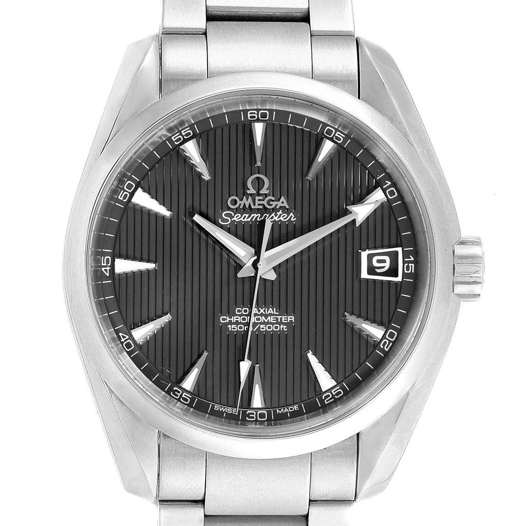 This is a close-up, front view of the Omega Aqua Terra 231.10.39.21.06.001 Men's Stainless Steel Grey Dial 231.10.39.21.06.001 Men's Stainless Steel Grey Dial Seamaster watch, showing the face, hour markers, date window, and part of the bracelet.