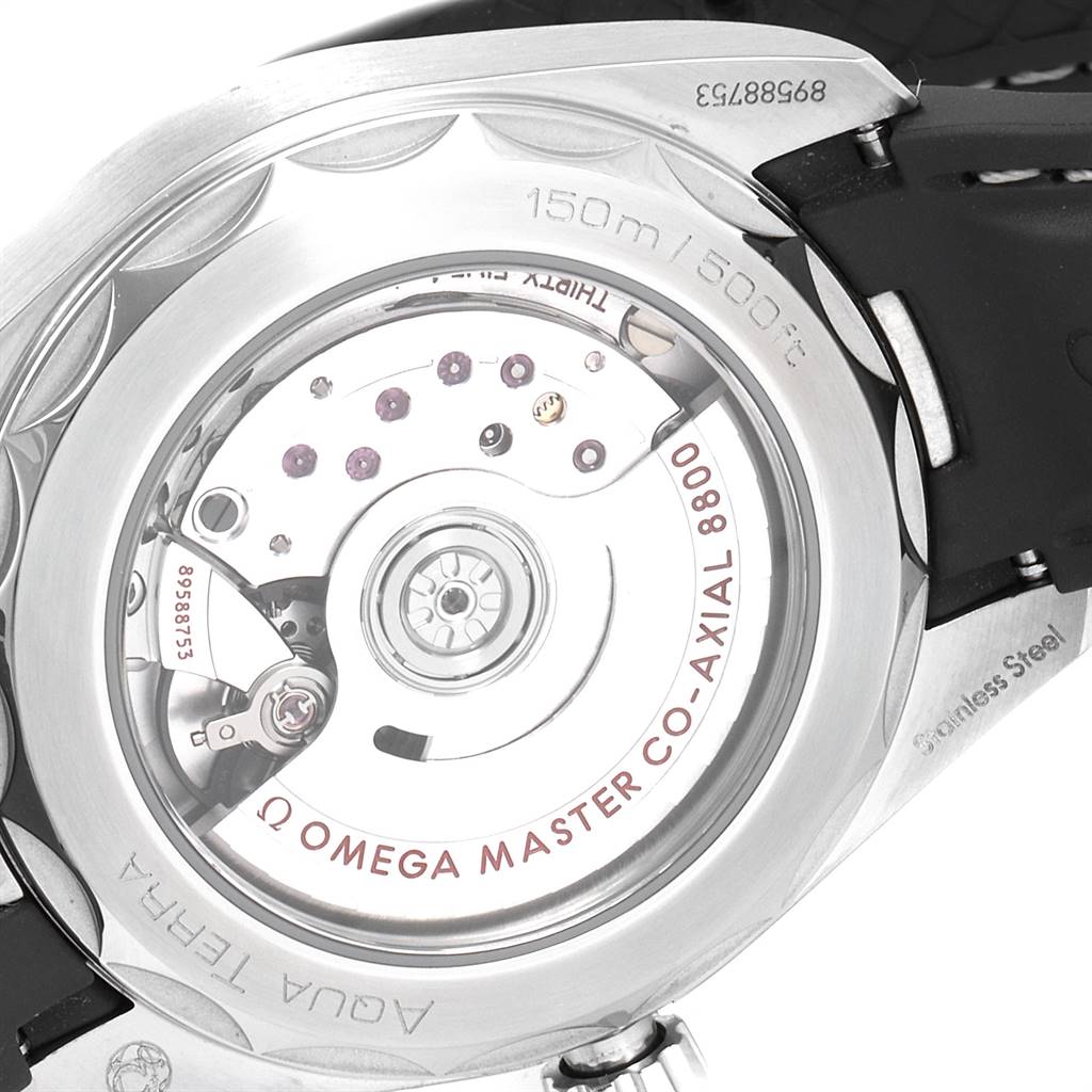 The image shows the back view of the Omega Aqua Terra 220.12.38.20.02.001 Men
s Stainless Steel Silver Dial 220.12.38.20.02.001 Men
s Stainless Steel Silver Dial watch, highlighting its Master Co-Axial 8800 movement.
