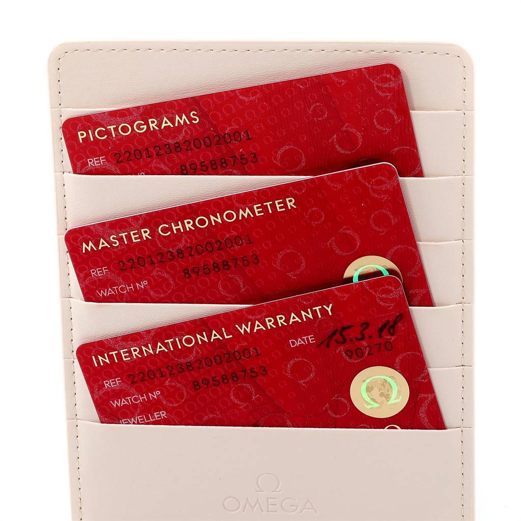 The image shows three red Omega cards in a white holder for the Aqua Terra model, detailing Pictograms, Master Chronometer, and International Warranty.