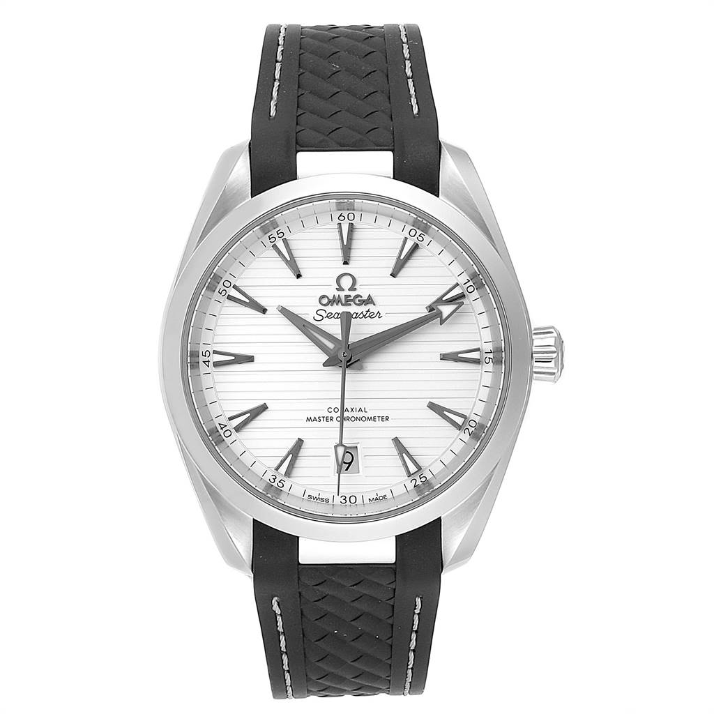 The image shows a front view of the Omega Aqua Terra 220.12.38.20.02.001 Men
s Stainless Steel Silver Dial 220.12.38.20.02.001 Men
s Stainless Steel Silver Dial watch, featuring its dial, hands, markers, and strap.