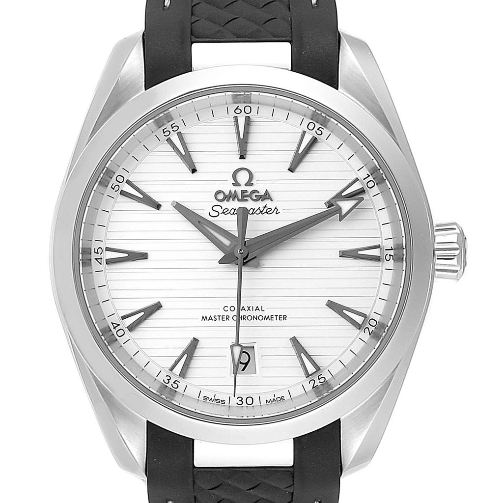 This image shows a front view of the Omega Aqua Terra 220.12.38.20.02.001 Men
s Stainless Steel Silver Dial 220.12.38.20.02.001 Men
s Stainless Steel Silver Dial watch, displaying its dial, hands, indices, and part of the strap.