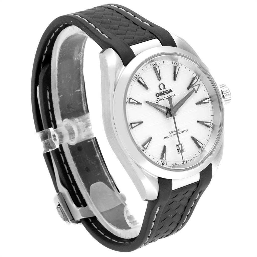 The Omega Aqua Terra 220.12.38.20.02.001 Men
s Stainless Steel Silver Dial 220.12.38.20.02.001 Men
s Stainless Steel Silver Dial watch is shown at a three-quarter angle, displaying its face, bezel, crown, and strap.