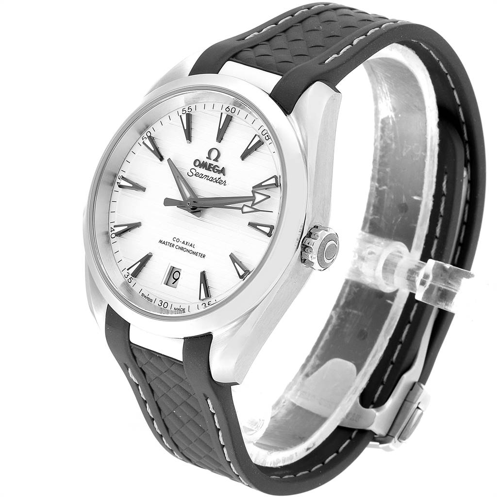 The Omega Aqua Terra 220.12.38.20.02.001 Men
s Stainless Steel Silver Dial 220.12.38.20.02.001 Men
s Stainless Steel Silver Dial watch is shown at a front-side angle, displaying its face, dial, bezel, and rubber strap.