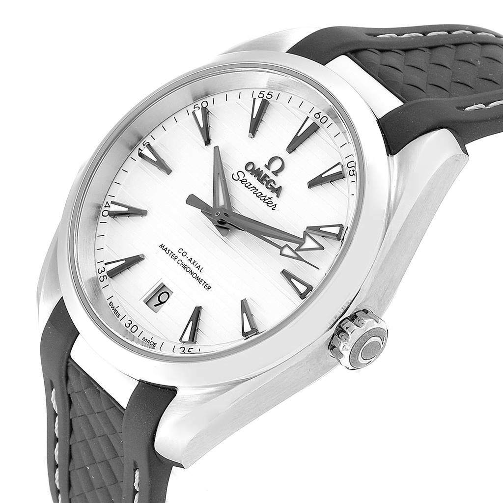 The image shows the face and crown of the Omega Aqua Terra 220.12.38.20.02.001 Men
s Stainless Steel Silver Dial 220.12.38.20.02.001 Men
s Stainless Steel Silver Dial watch at an angled side view.