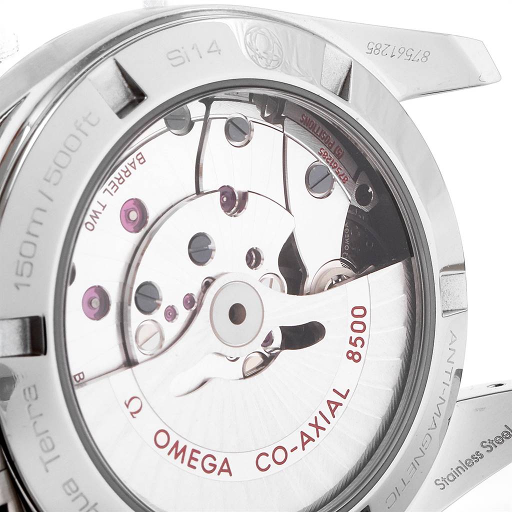 The image shows the back of an Omega Aqua Terra 231.10.39.21.03.002 Men
s Stainless Steel Blue Dial 231.10.39.21.03.002 Men
s Stainless Steel Blue Dial watch, highlighting its visible co-axial movement mechanism.