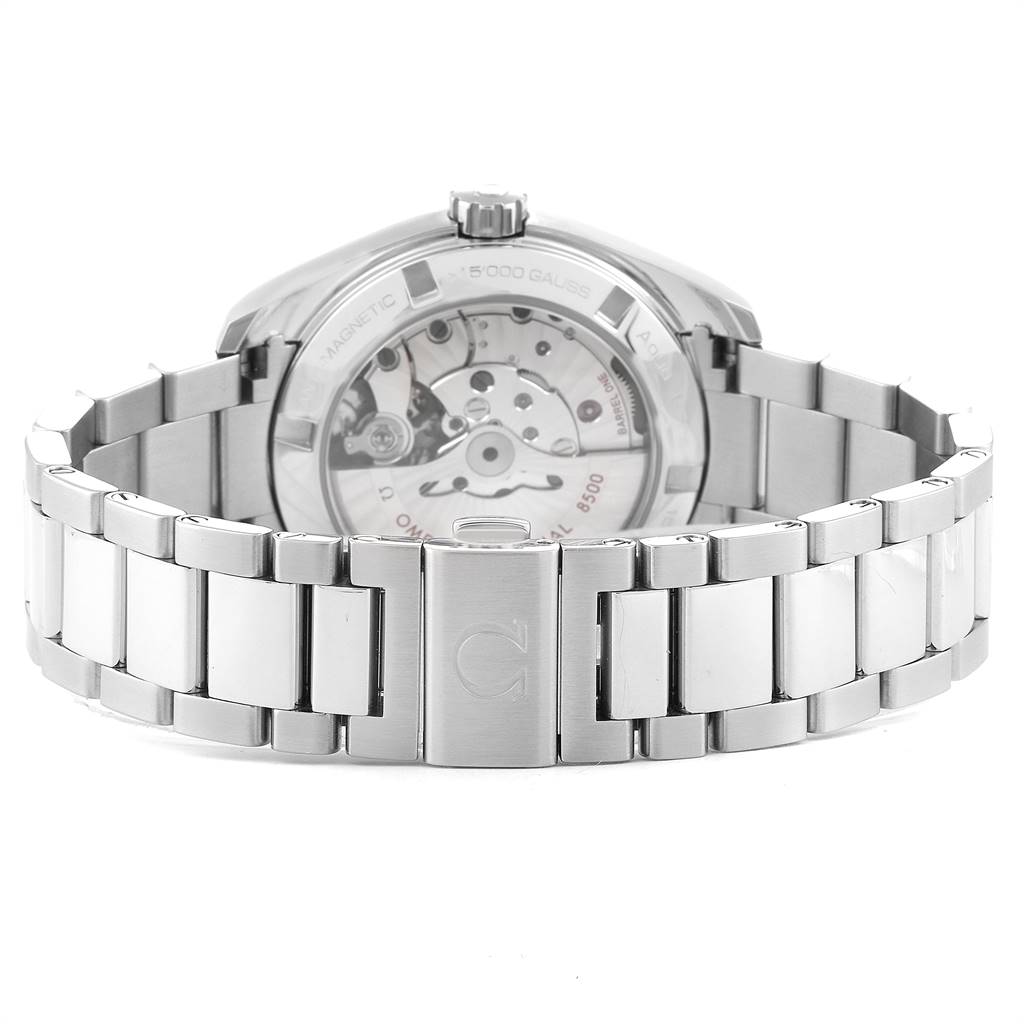 The image shows the case back and bracelet of the Omega Aqua Terra 231.10.39.21.03.002 Men
s Stainless Steel Blue Dial 231.10.39.21.03.002 Men
s Stainless Steel Blue Dial watch from a rear angle.