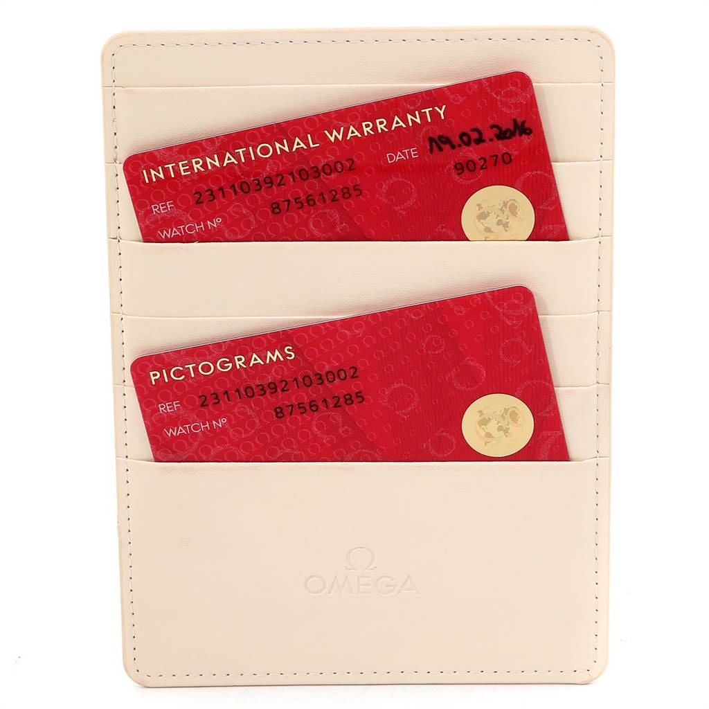 This image shows the International Warranty and Pictograms cards for the Omega Aqua Terra 231.10.39.21.03.002 Men
s Stainless Steel Blue Dial 231.10.39.21.03.002 Men
s Stainless Steel Blue Dial watch model in a cardholder.