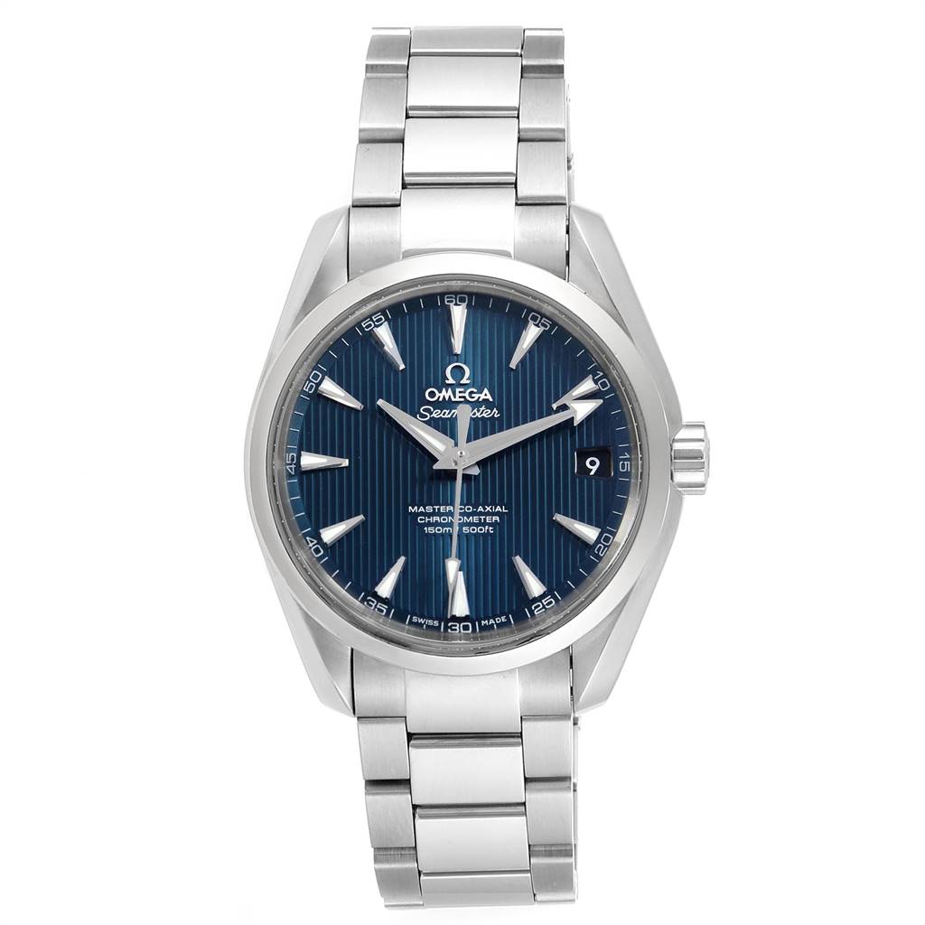 The image shows a front view of the Omega Aqua Terra 231.10.39.21.03.002 Men
s Stainless Steel Blue Dial 231.10.39.21.03.002 Men
s Stainless Steel Blue Dial watch, highlighting the dial, hands, bracelet, and crown.