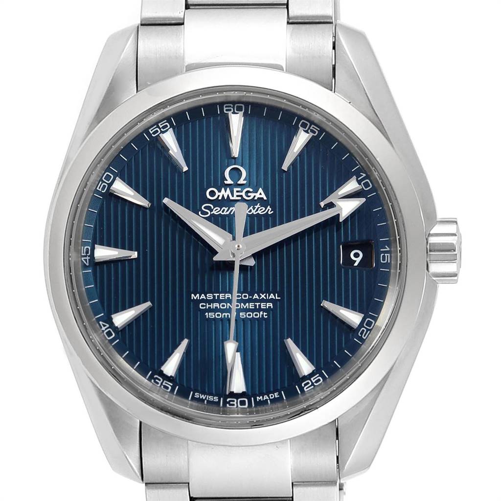 The Omega Aqua Terra 231.10.39.21.03.002 Men
s Stainless Steel Blue Dial 231.10.39.21.03.002 Men
s Stainless Steel Blue Dial watch is shown from the front, displaying the dial, hands, bracelet, and part of the bezel.