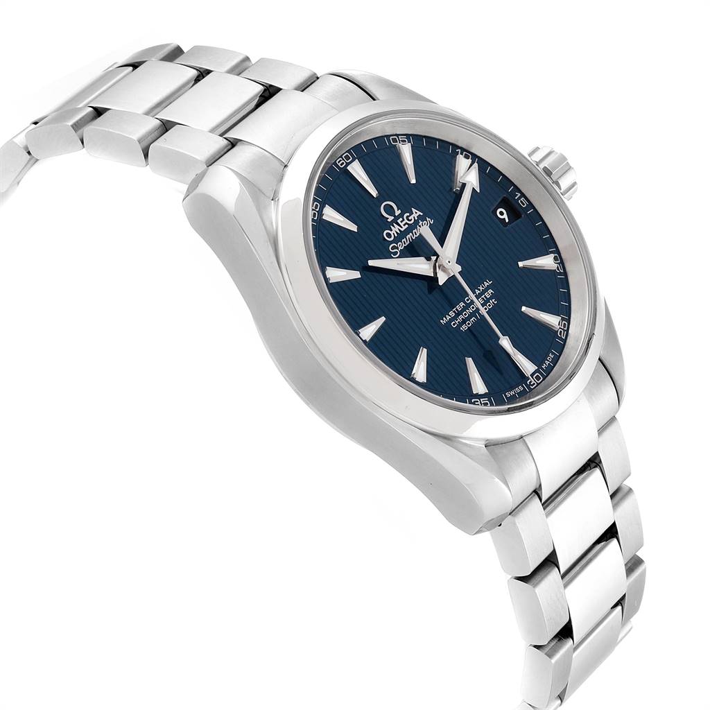 The image shows a side view of the Omega Aqua Terra 231.10.39.21.03.002 Men
s Stainless Steel Blue Dial 231.10.39.21.03.002 Men
s Stainless Steel Blue Dial watch, highlighting its bracelet, casing, and blue dial.