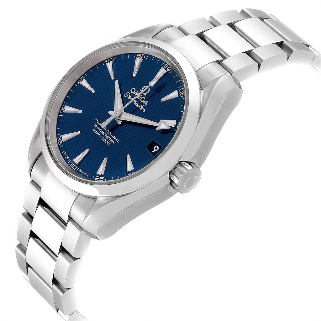 The Omega Aqua Terra 231.10.39.21.03.002 Men
s Stainless Steel Blue Dial 231.10.39.21.03.002 Men
s Stainless Steel Blue Dial watch is shown at a three-quarter angle, highlighting its blue dial and stainless steel bracelet.