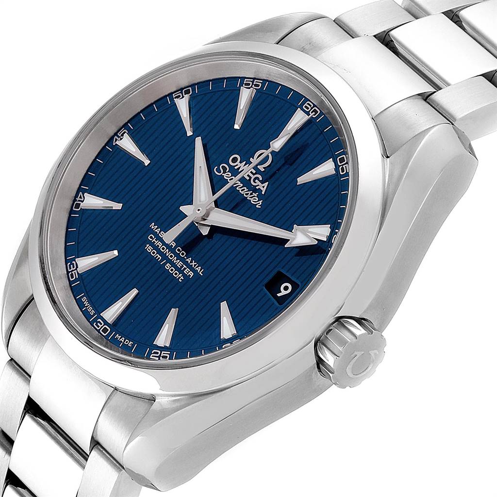 The image shows an angled view of an Omega Aqua Terra 231.10.39.21.03.002 Men
s Stainless Steel Blue Dial 231.10.39.21.03.002 Men
s Stainless Steel Blue Dial watch, highlighting its blue dial, bezel, stainless steel bracelet, and crown.