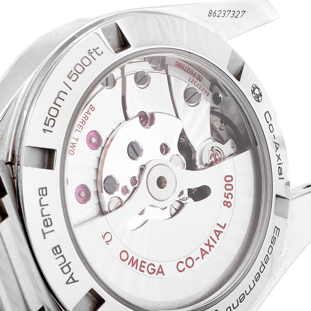 This is a close-up view of the back of an Omega Aqua Terra 231.10.39.21.03.001 Men's Stainless Steel Blue Dial 231.10.39.21.03.001 Men's Stainless Steel Blue Dial watch, showcasing its 8500 Co-Axial movement and internal mechanisms.