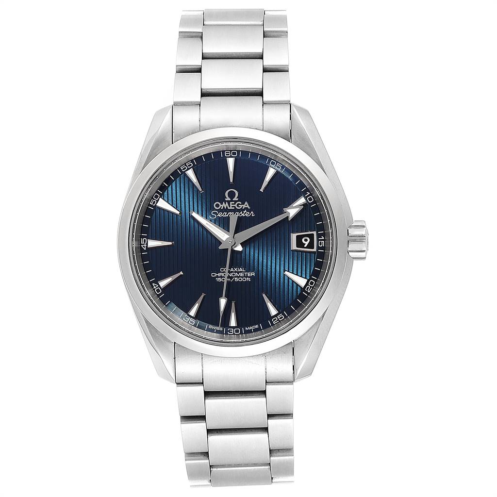 The Omega Aqua Terra 231.10.39.21.03.001 Men's Stainless Steel Blue Dial 231.10.39.21.03.001 Men's Stainless Steel Blue Dial watch is shown from a front angle, displaying its face, bezel, bracelet, and crown.