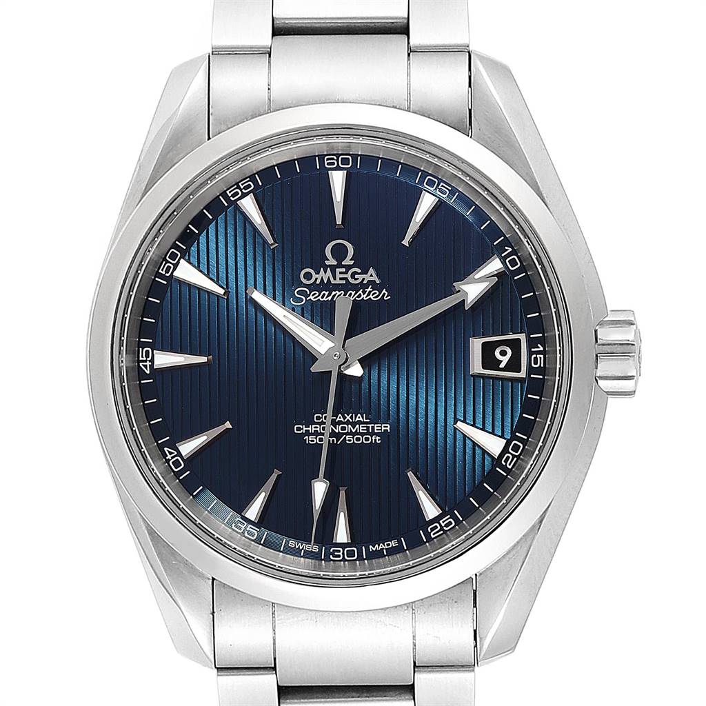 This image shows a front view of the Omega Seamaster Aqua Terra watch, highlighting its face, dial, and bracelet.