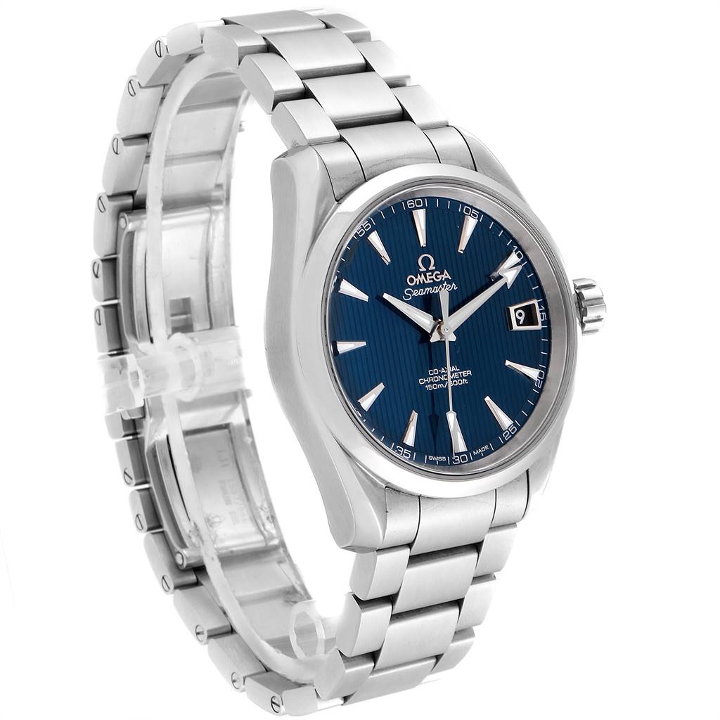 The image shows a side-angle view of the Omega Aqua Terra 231.10.39.21.03.001 Men's Stainless Steel Blue Dial 231.10.39.21.03.001 Men's Stainless Steel Blue Dial watch, highlighting its stainless steel bracelet and blue dial.
