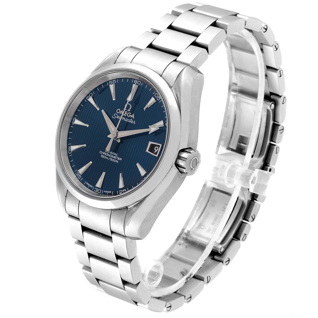 The Omega Aqua Terra 231.10.39.21.03.001 Men's Stainless Steel Blue Dial 231.10.39.21.03.001 Men's Stainless Steel Blue Dial watch is shown at an oblique angle, displaying its blue dial, stainless steel bracelet, and crown.